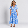 Women's Blue Floral V-Neck Maxi Dress Short Ruffle Sleeves