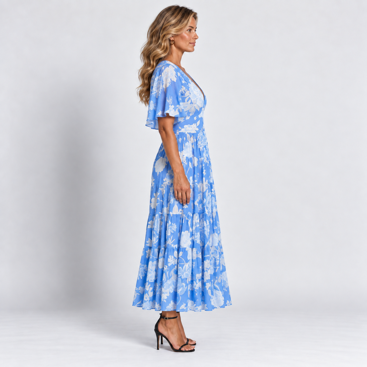 Women's Blue Floral V-Neck Maxi Dress Short Ruffle Sleeves
