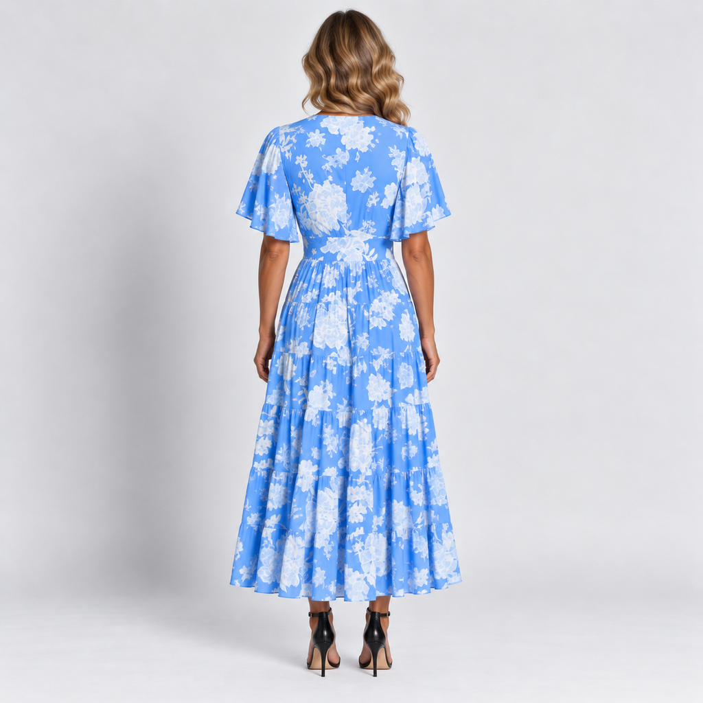 Women's Blue Floral V-Neck Maxi Dress Short Ruffle Sleeves