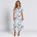 Women's Botanical Leaf V-Neck Maxi Dress Short Ruffle Sleeves