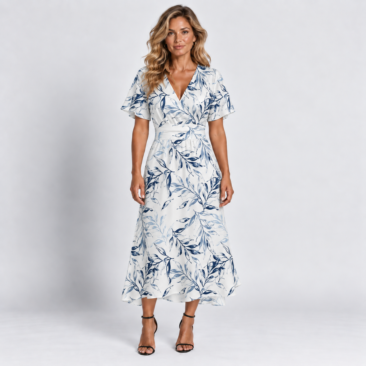 Women's Botanical Leaf V-Neck Maxi Dress Short Ruffle Sleeves