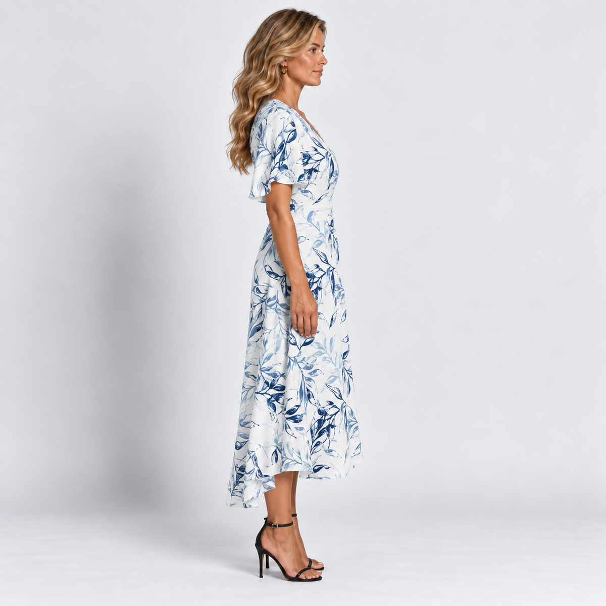 Women's Botanical Leaf V-Neck Maxi Dress Short Ruffle Sleeves