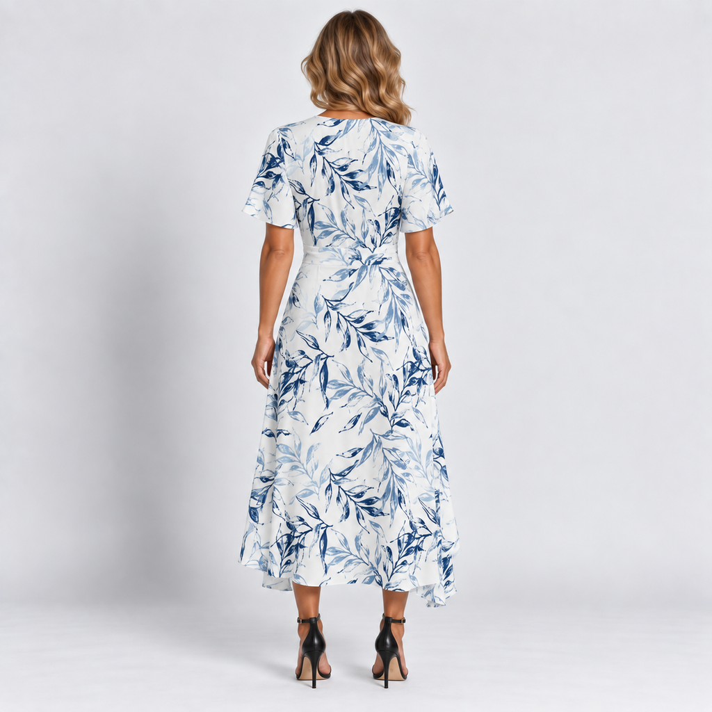 Women's Botanical Leaf V-Neck Maxi Dress Short Ruffle Sleeves