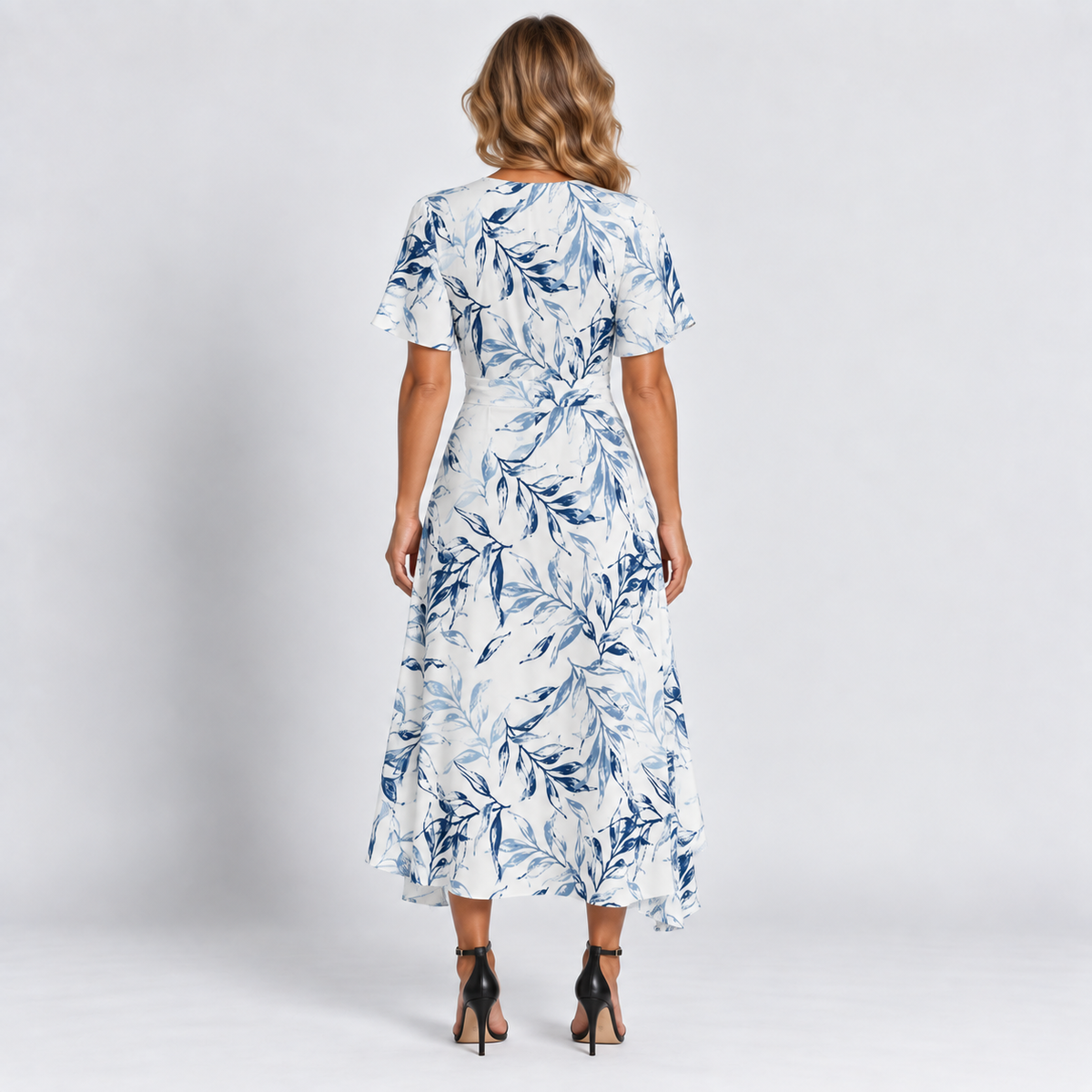 Women's Botanical Leaf V-Neck Maxi Dress Short Ruffle Sleeves