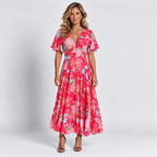 Women's Floral V-Neck Maxi Dress Short Ruffle Sleeves