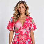 Women's Floral V-Neck Maxi Dress Short Ruffle Sleeves