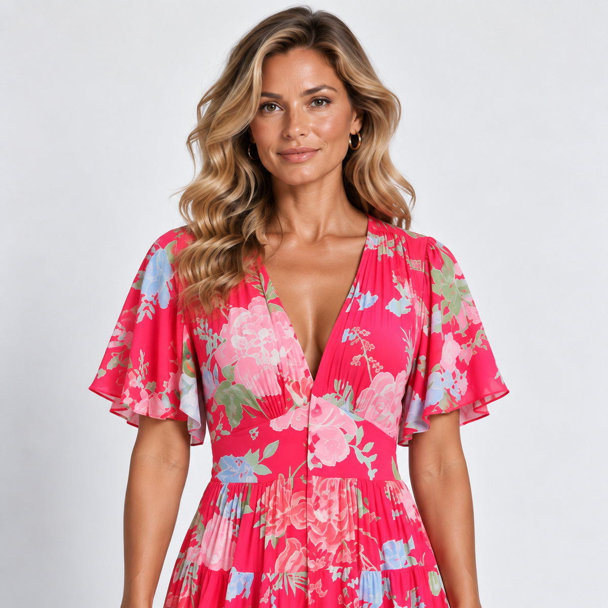 Women's Floral V-Neck Maxi Dress Short Ruffle Sleeves