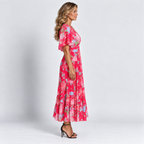 Women's Floral V-Neck Maxi Dress Short Ruffle Sleeves