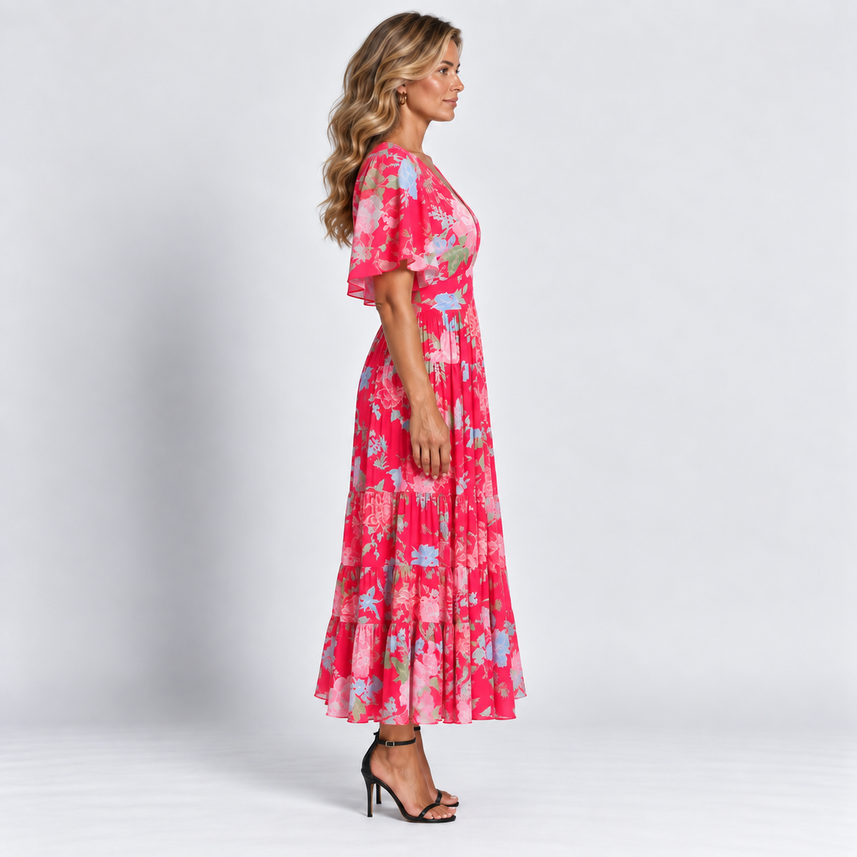 Women's Floral V-Neck Maxi Dress Short Ruffle Sleeves