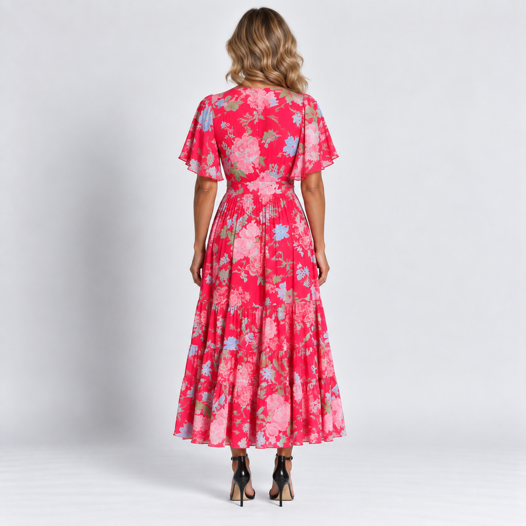 Women's Floral V-Neck Maxi Dress Short Ruffle Sleeves