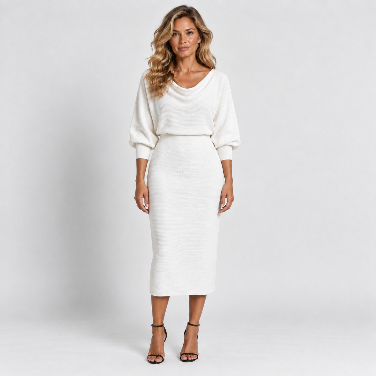 Women's Knitted Midi Dress Cowl Neck Batwing Sleeves