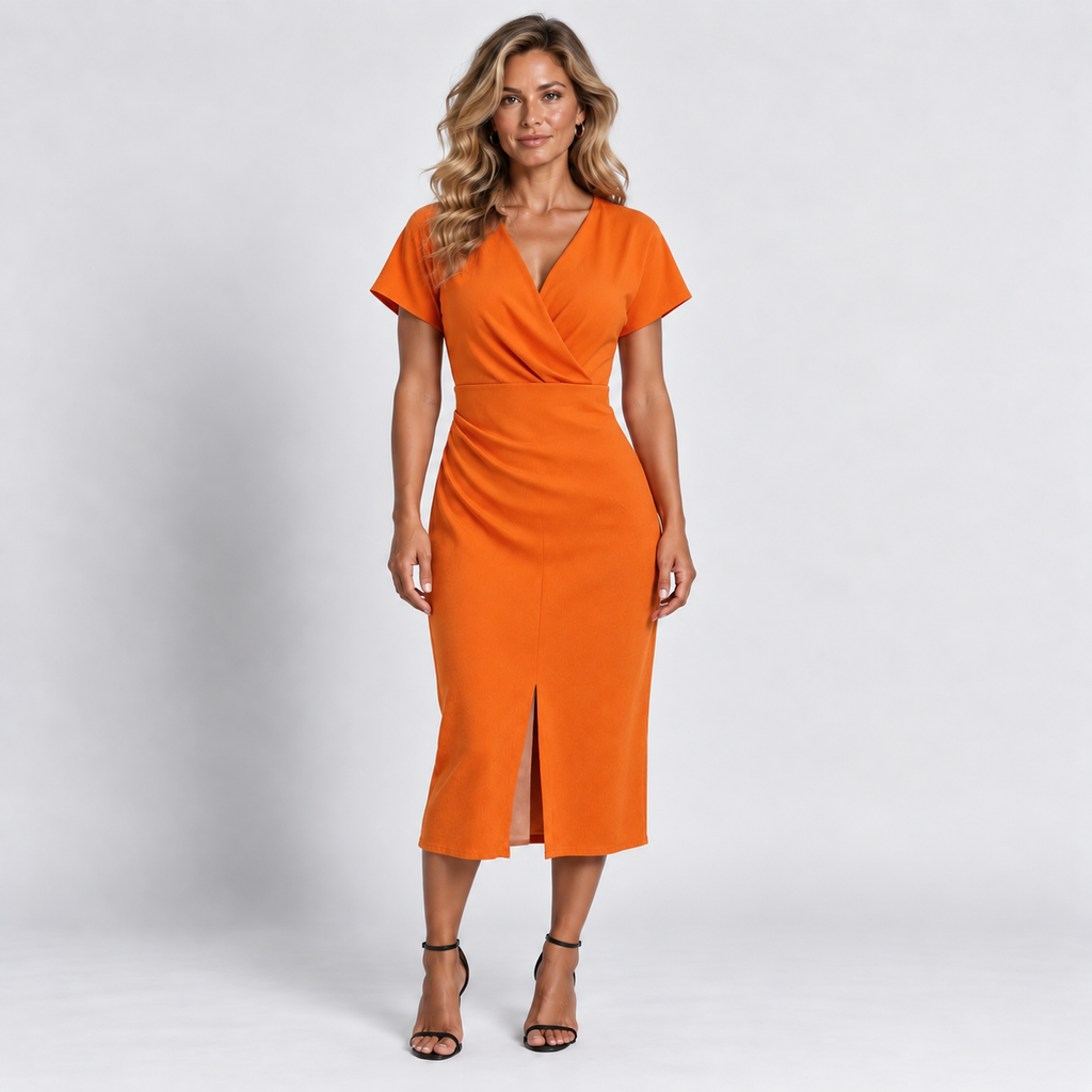Women's Orange Wrap V-Neck Midi Dress Short Sleeves Front Split