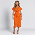 Women's Orange Wrap V-Neck Midi Dress Short Sleeves Front Split