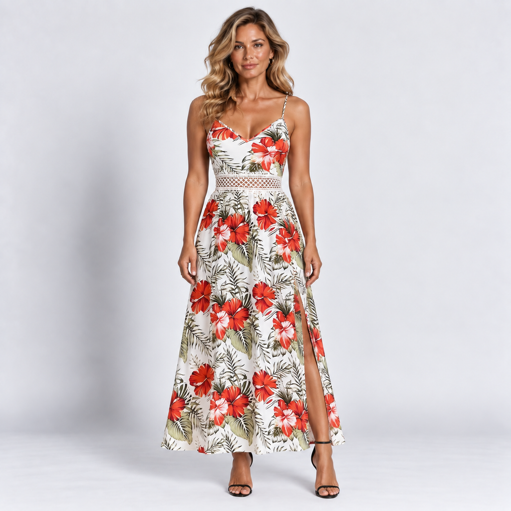Women's Tropical Floral Cami Maxi Dress Lace Waist Detail