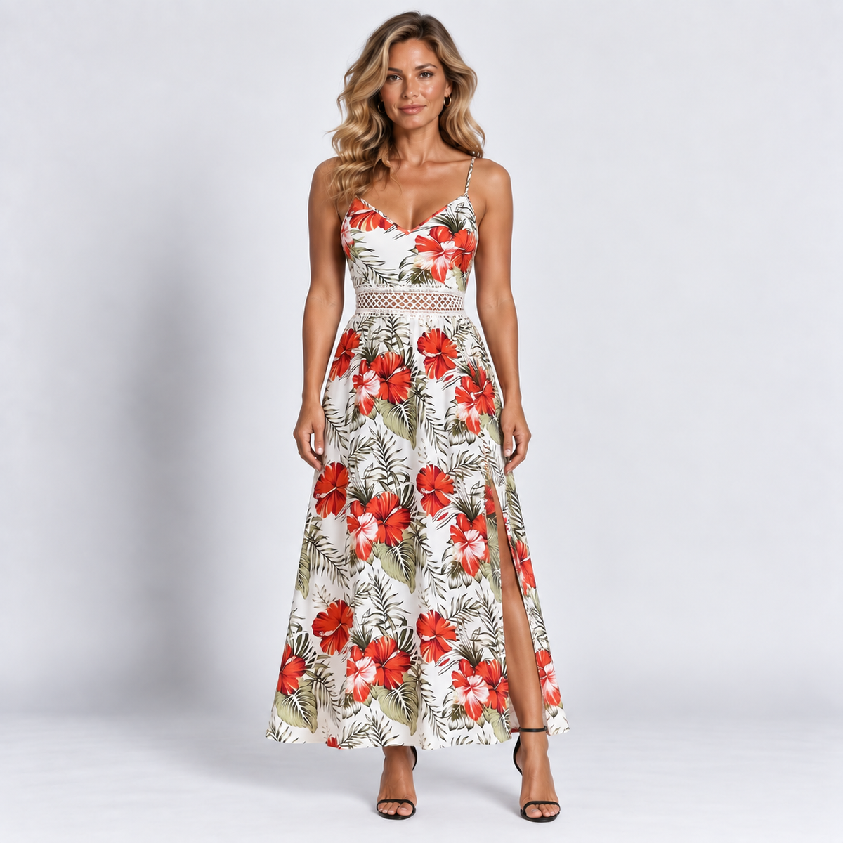 Women's Tropical Floral Cami Maxi Dress Lace Waist Detail