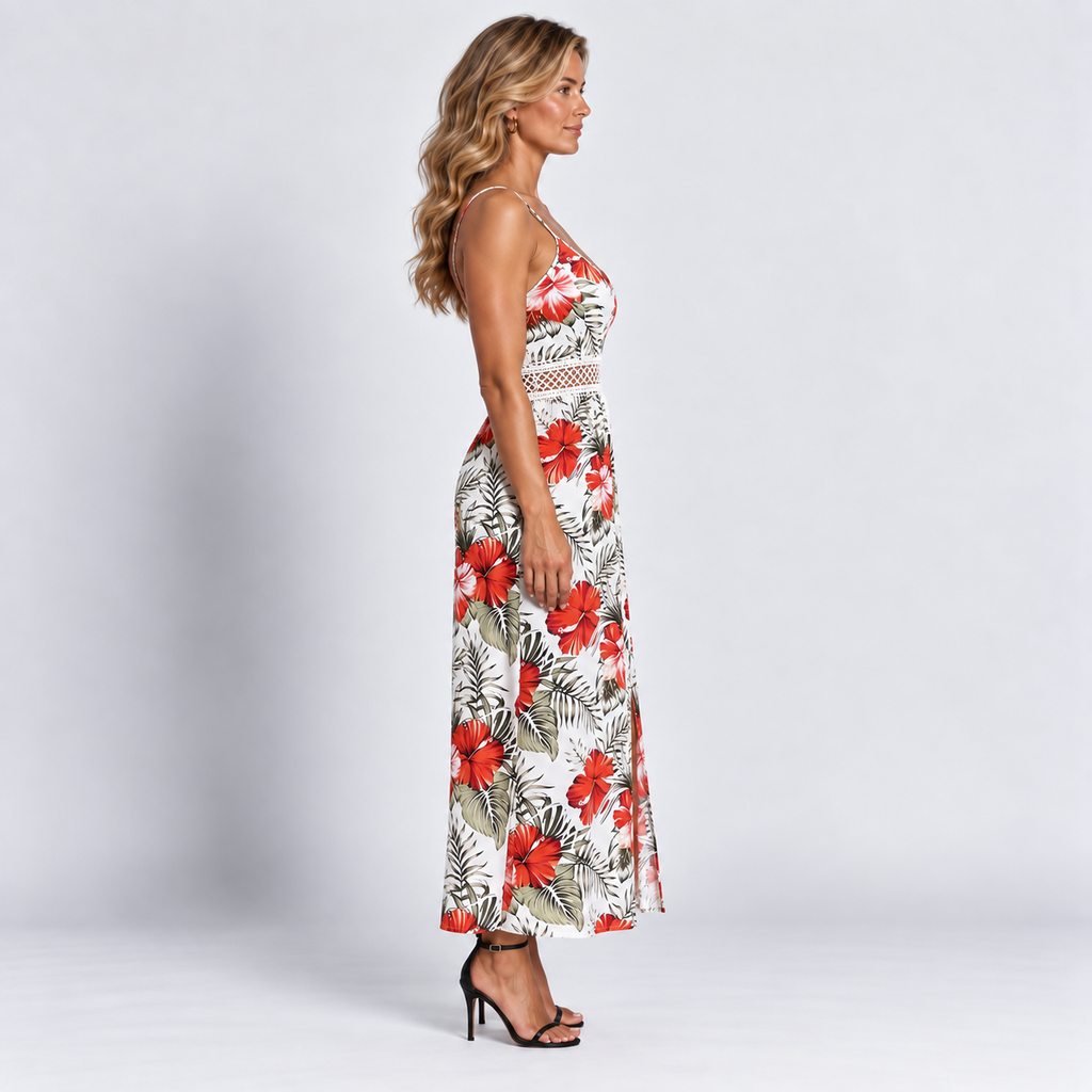 Women's Tropical Floral Cami Maxi Dress Lace Waist Detail