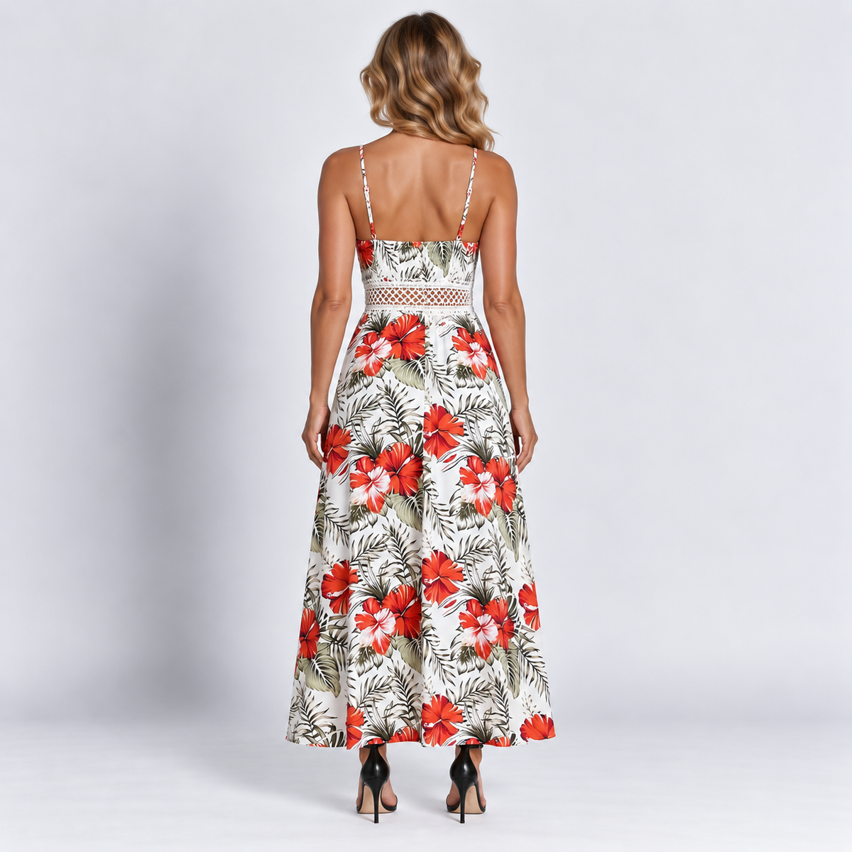 Women's Tropical Floral Cami Maxi Dress Lace Waist Detail